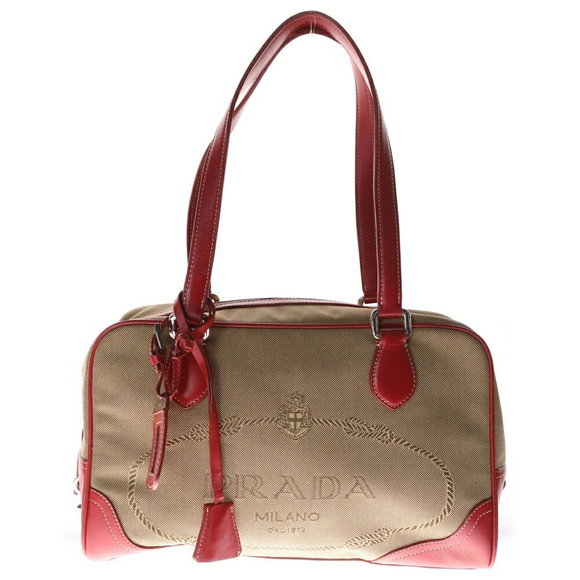 Prada Beige Handbag Leather Red Jacquard - Picture 1 of 6